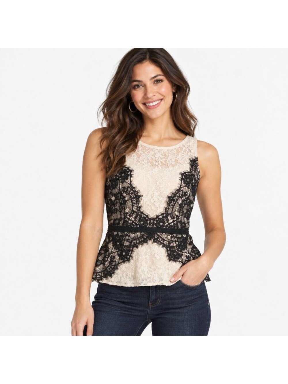 Ann Taylor LOFT Top Womens Size 4P Nude Black Lace Ribbon Bow Tie Back Peplum